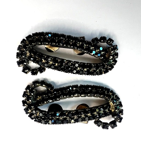 Vintage MUSI Black Rhinestone Shoe Clips 1950s Mid Century Glam Accessory MCM - Picture 3 of 16